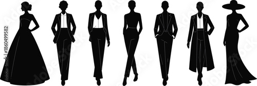 Elegant Women Fashion Silhouette Collection Vector Illustration, Female Models in Dresses and Suits, Black Stylish Design for Runway Couture and Luxury Style