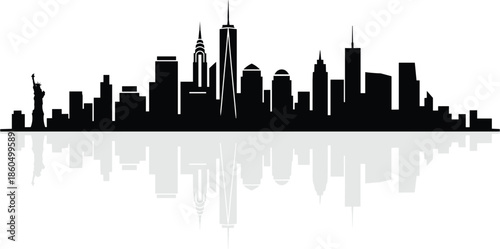 Black and white New York City skyline silhouette with reflection on water featuring Statue of Liberty and One World Trade Center