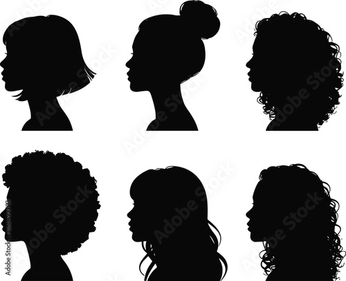Female Head Profile Silhouette Collection Vector Illustration, Women Faces with Different Hairstyles, Black Minimal Design for Beauty Fashion and People Concept