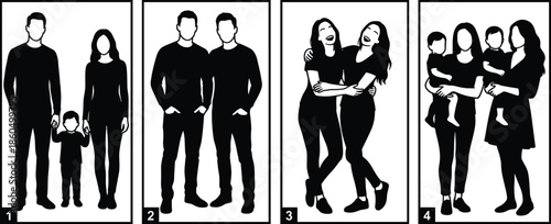 Family and relationship silhouettes showing parents child, couple friendship, love bonding, modern family diversity and togetherness concept