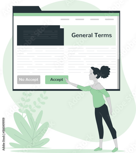 A woman accepting general terms on a digital screen in a minimalist environment