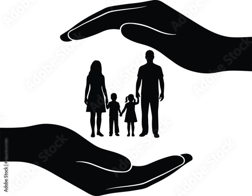 Black Silhouette of a Family with Children Protected by Giant Caring Human Hands Representing Insurance Safety and Social Security Concept