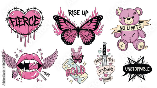 Colorful flat design pink butterfly fierce heart wings lips and teddy bear with bold tattoo style mix of inspirational messages and edgy street art elements in vector format
