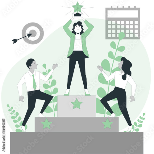 A triumphant woman holds a star aloft on a podium surrounded by colleagues and lush greenery