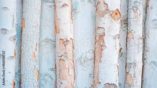 Close-up vertical shot of white birch tree trunks with peeling bark texture, revealing soft pink and tan natural wood beneath creamy pale surface.