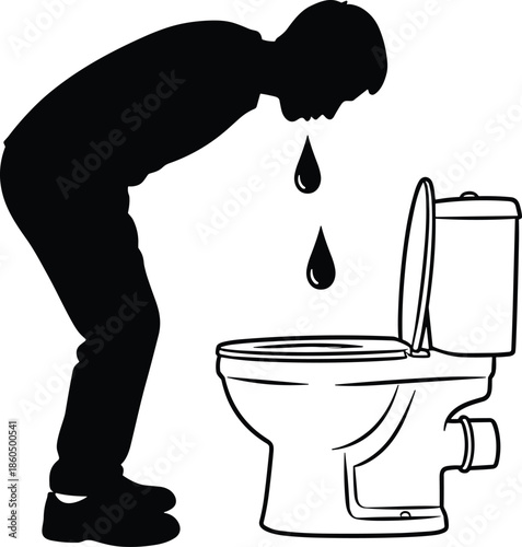 Black Silhouette of a Man Vomiting into a Toilet Bowl Illustrating Food Poisoning Stomach Flu Nausea Sickness or Alcohol Hangover Symptoms