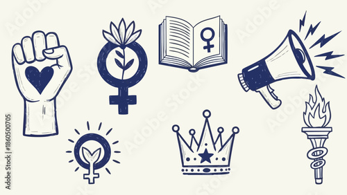 Hand drawn feminist symbols including raised fist with heart, flower inside female symbol, open book with female sign, crown with stars, and radiant female icon in vintage line art style
