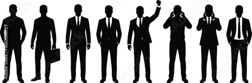 Businessmen silhouettes collection, professional male figures in suits, leadership poses, corporate identity, success concept illustration