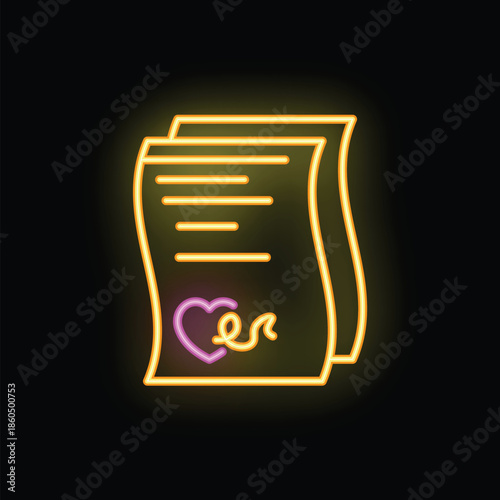 Neon glowing symbol of marriage contract with heart signature on black background