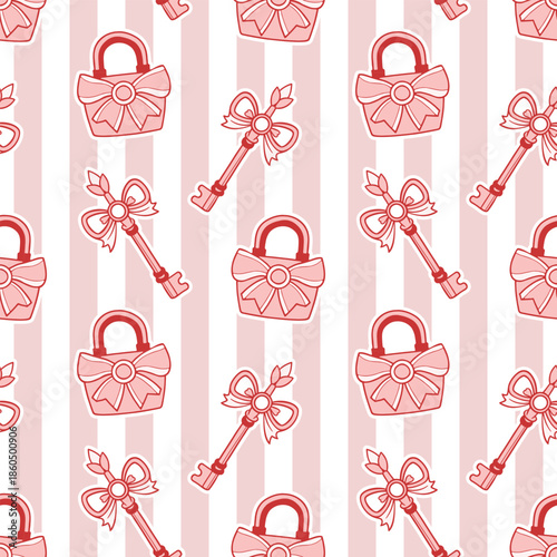 Pink locks and keys with bows seamless pattern on striped background. Valentines Day background.