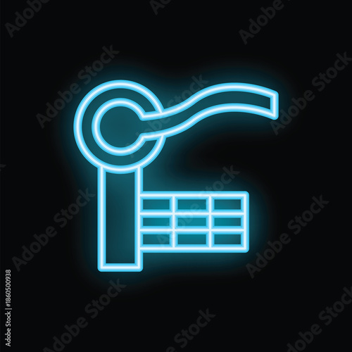 Blue neon sign of a public restroom for men with handicap access glowing on a black background