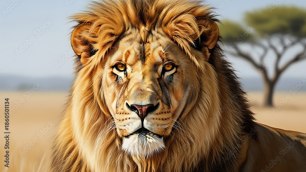Fototapeta premium A majestic lion with a shaggy mane stares intensely in savannah