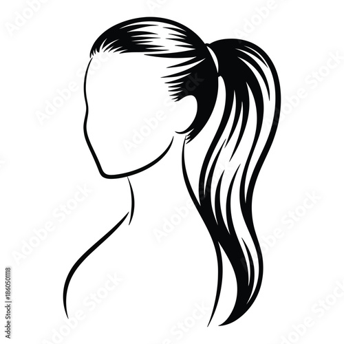 Woman with High Ponytail Hairstyle in Black and White Outline for Beauty and Fashion Concepts with Clean and Elegant Style Single Design