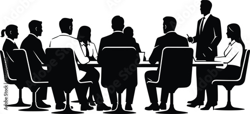 Corporate boardroom meeting silhouette illustration, business professionals discussing strategy, leadership presentation, teamwork collaboration in modern office