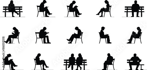 People Sitting and Reading Silhouette Collection Vector Illustration, Men and Women on Chairs and Benches, Black Design for Education Leisure and Lifestyle Concept