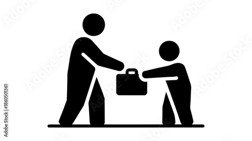 A silhouette illustration of an adult person handing over a briefcase or bag to a young child