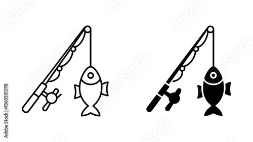 A minimal icon set featuring a fishing rod with a caught fish in outline and solid styles