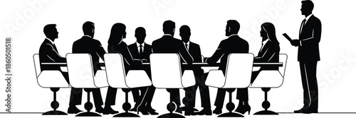 Business conference meeting silhouette with presenter, corporate team discussion around table, professional leadership and strategy concept illustration