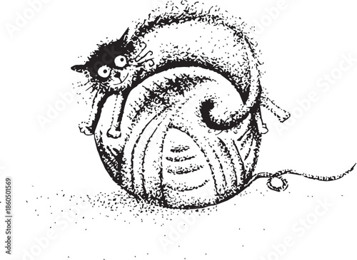 Fun cat illustration drawn in pen and ink. Vector drawing of kitten playing with a giant yarn ball. Whimsical story book art in a vintage black dotwork style. 