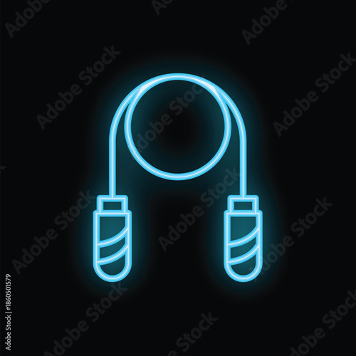 Blue neon sign of a jump rope glowing on black background