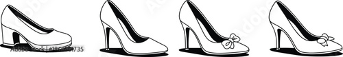 Women High Heel Shoes Collection Vector Illustration, Elegant Female Footwear Silhouettes with Bow Details, Black and White Fashion Design Set