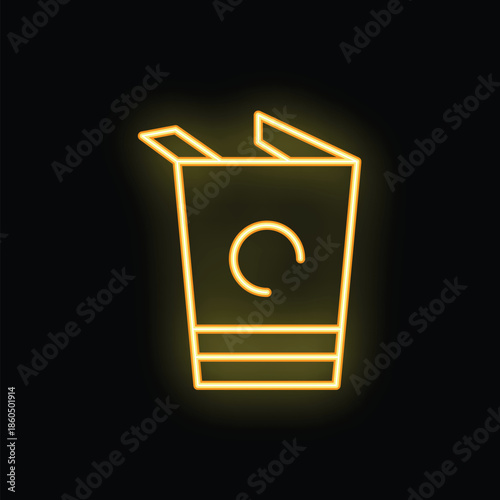 Yellow neon sign showing an open cardboard food box container on a black background