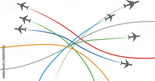 Global Aviation Network Concept with Multiple Airplanes Flying on Colorful Flight Path Curves Representing International Travel Logistics and Transportation Connectivity