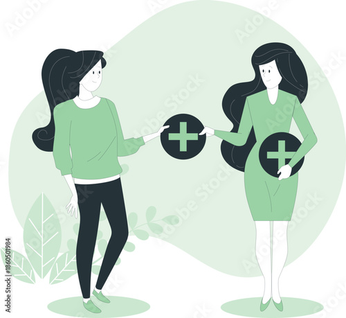 Two women exchanging green cross symbols in a minimalist illustration