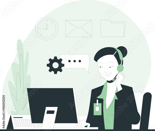 A customer service representative working efficiently at a desk with a computer and headset in a modern office environment