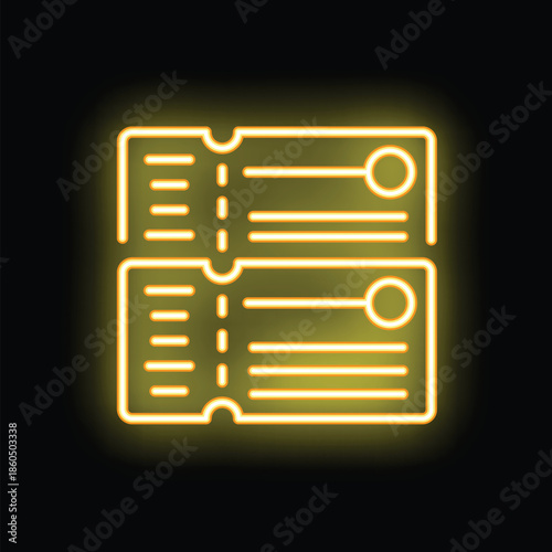 Yellow neon sign depicting two stacked ticket stubs, glowing against a dark background