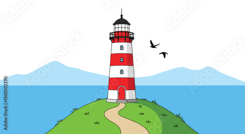 Flat vector illustration of a red and white striped lighthouse on a green grassy hill overlooking a calm blue ocean with birds flying