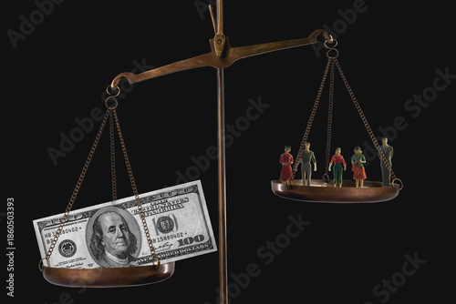Scales balancing money against people, symbolizing inequality, capitalism, and moral conflict in modern society.