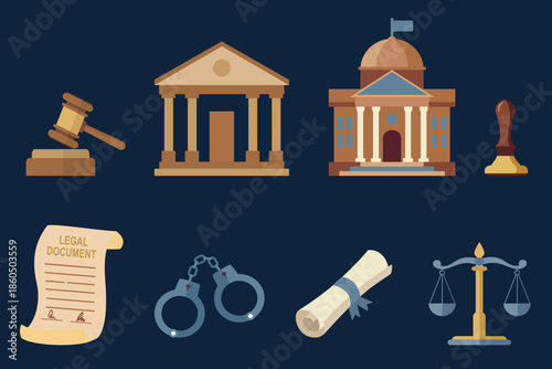Law and justice vector icon set featuring courthouse building, judge gavel, weighing scale, and handcuffs for criminal legal system and judgment concept