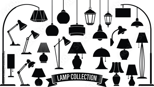 Collection of lamp silhouette icons featuring floor lamps desk lights pendant hanging fixtures and table lamps for interior design vector elements