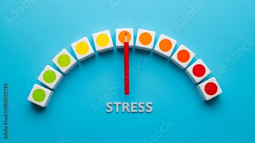 Visual metaphor showing a red pencil pointing to high stress levels on a colorful indicator gauge