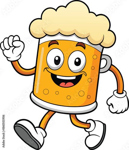 Happy beer mug cartoon character mascot walking for pub and bar promotion vector