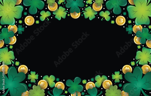 A vibrant frame of lucky clovers and golden coins on a dark background