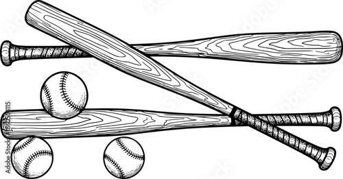 Baseball bats illustration in black and white on a clean white background
