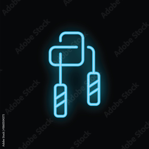 Blue neon glowing icon of nunchaku, martial arts weapon, on black background