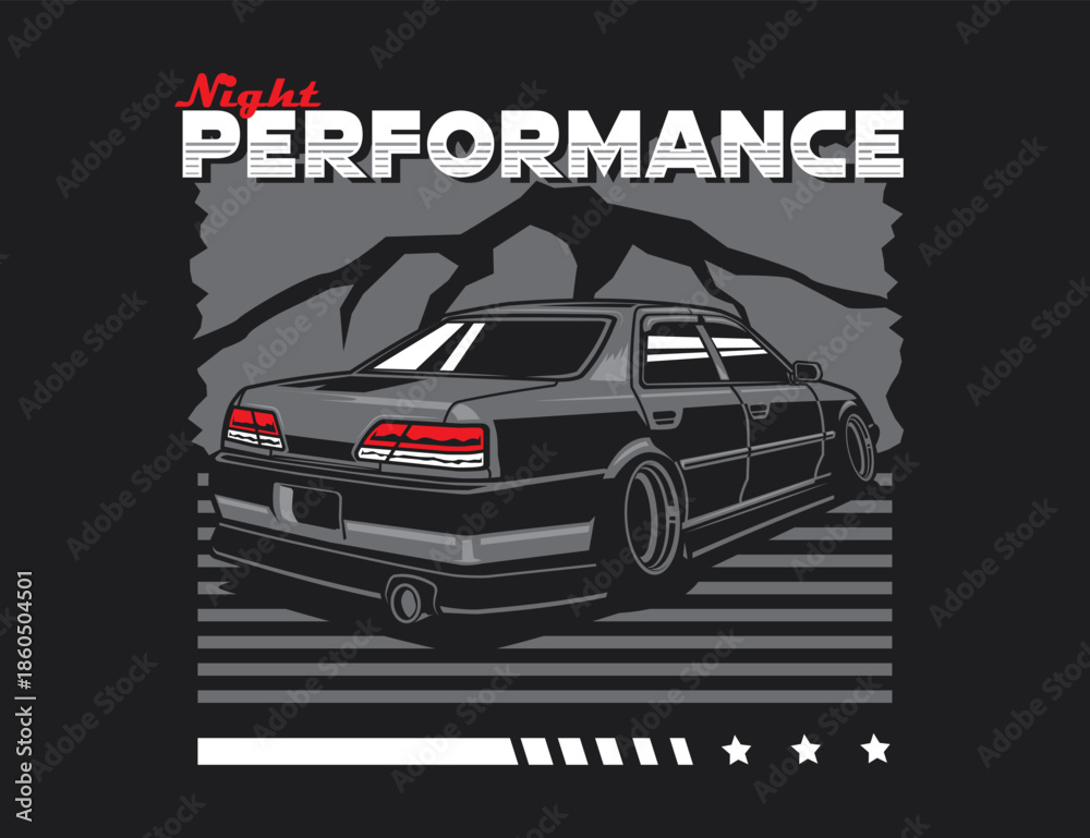Fototapeta premium 90s car illustration with background and text for vector graphic