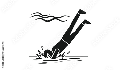A simple black and white illustration of a person diving into water