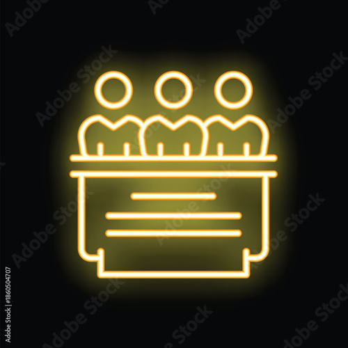 Yellow neon icon of a jury listening to a verdict reading by a judge in a courtroom