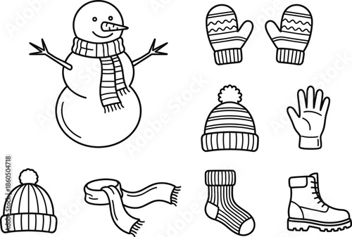 Collection of winter line icons including a snowman mittens beanie hats scarf socks and boots for seasonal cold weather design elements