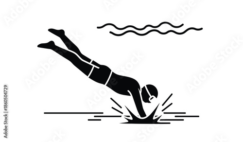 A simple black and white illustration of a person diving into water