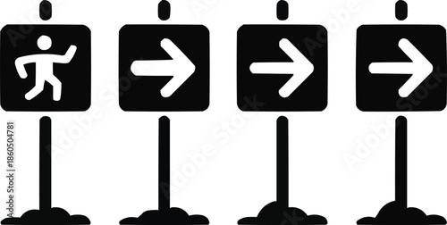 Four Hand Drawn Square Sign Icons on Poles Movement Direction Silhouettes