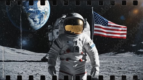 Astronaut Stands on Lunar Surface With American Flag, Earth in Background