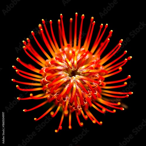 Vibrant Red Pincushion Protea Flower Blooming with Spiky Petals on Black Background