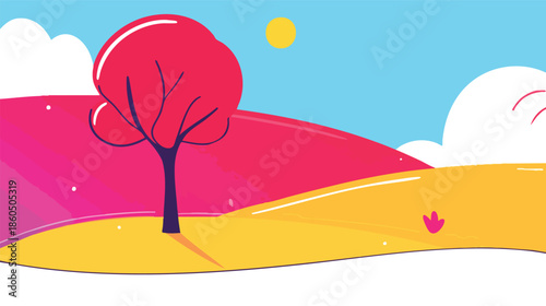 A vibrant and cheerful illustration depicts a stylized landscape scene with a colorful tree, rolling hills, fluffy clouds, and a bright yellow sun under a clear blue sky, evoking a sense of joy.