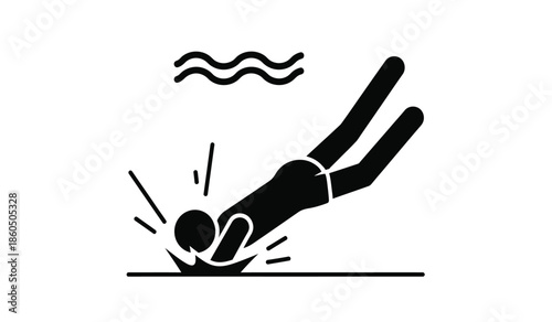Stick figure diving into water with splash simple black and white illustration