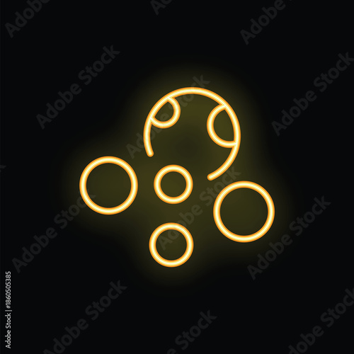 Glowing yellow neon icon of bubbles, some attached to a larger one, on a black background